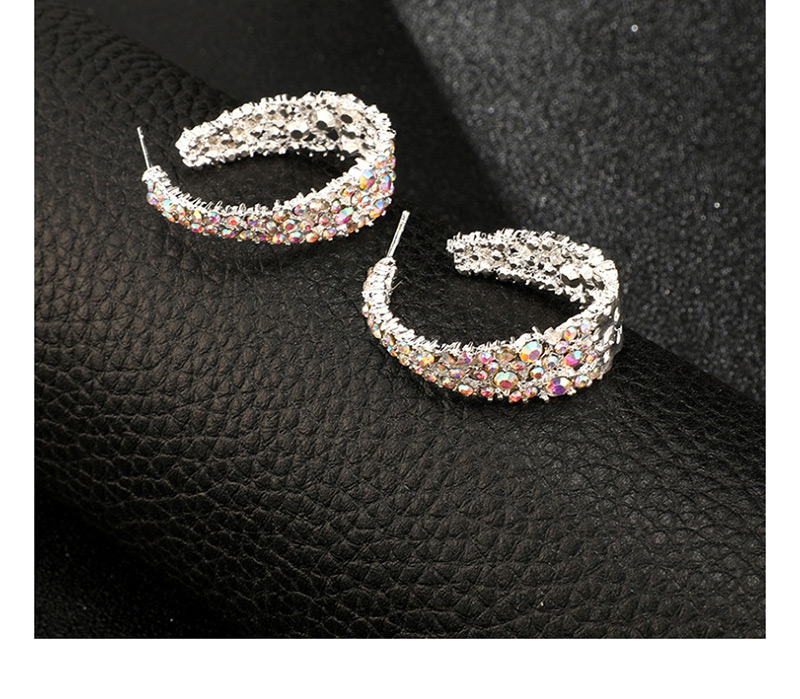 Fashion White Geometric Alloy Full Diamond U-shaped Earrings,Hoop Earrings