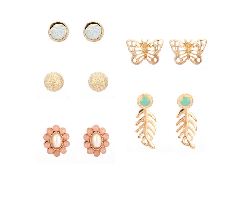 Fashion Gold Alloy Openwork Butterfly Flower With Diamond Leaf Studs 5 Pairs,Stud Earrings