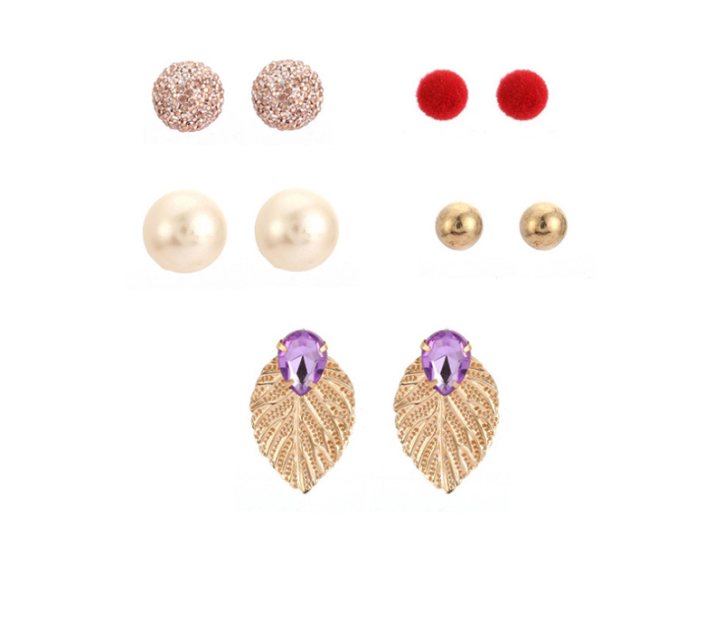 Fashion Gold Pearl Alloy Geometric Diamond Drop Leaf Stud Earrings 5 ??pairs,Stud Earrings