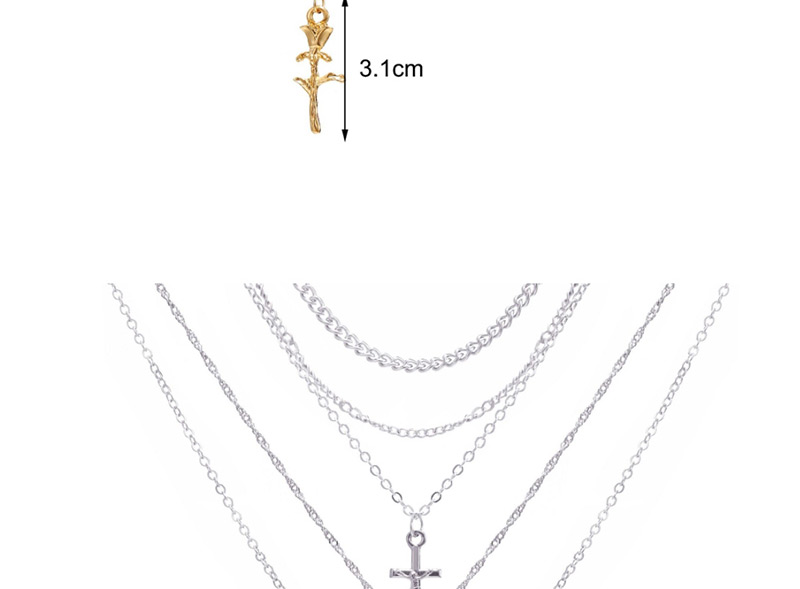 Fashion Silver Cross Rose 5 Layer Necklace,Multi Strand Necklaces