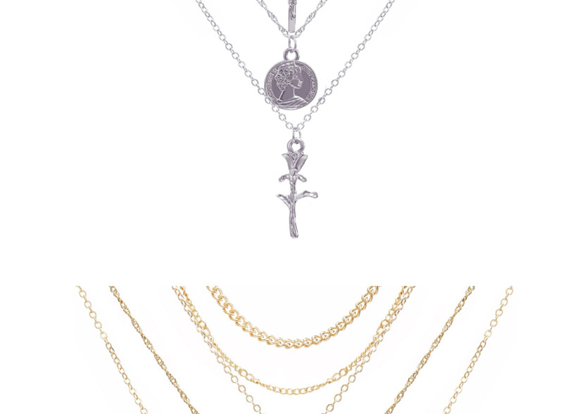 Fashion Silver Cross Rose 5 Layer Necklace,Multi Strand Necklaces