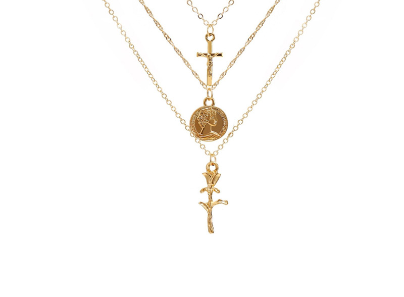 Fashion Gold Cross Rose 5 Layer Necklace,Multi Strand Necklaces
