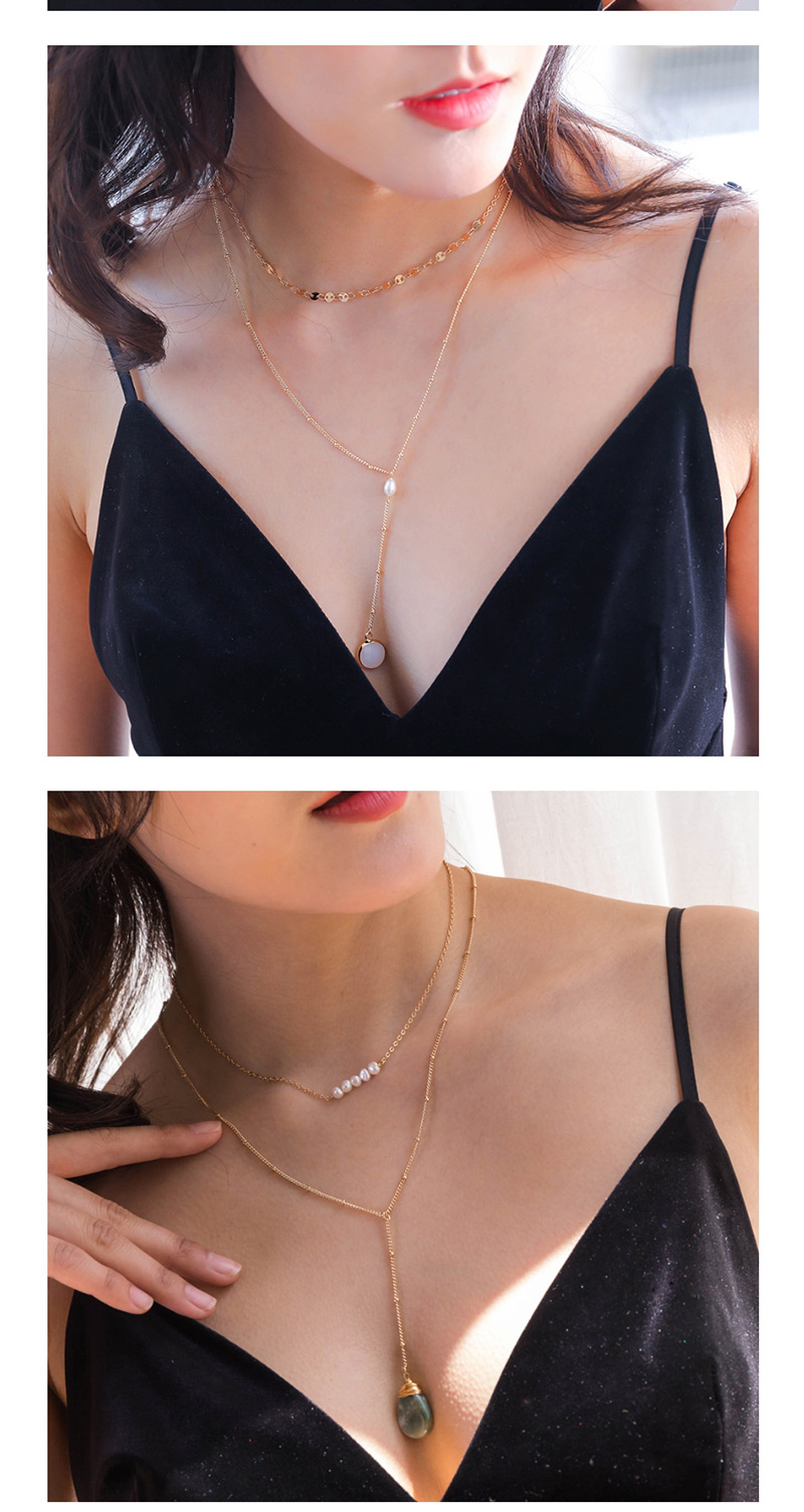 Fashion Gold Metal Moon Natural Stone Pearl Coin Multilayer Necklace,Multi Strand Necklaces
