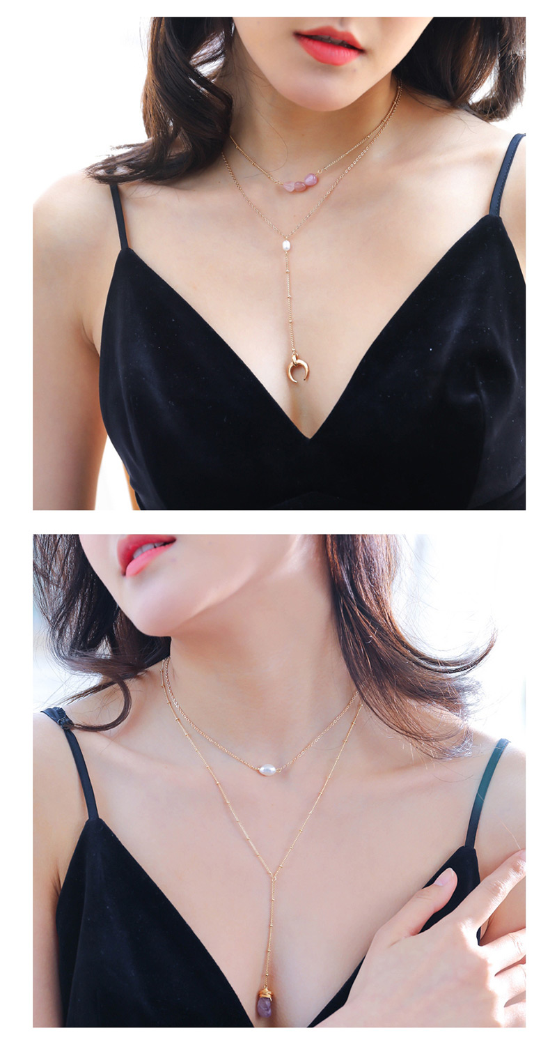 Fashion Gold Metal Moon Natural Stone Pearl Coin Multilayer Necklace,Multi Strand Necklaces