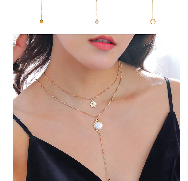 Fashion Pearl + Pin Moon Natural Stone Head Pearl Multi-layer Necklace,Multi Strand Necklaces