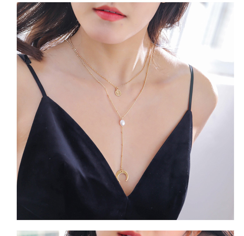 Fashion Envelope Crystal + Flat Pearl + Human Head Moon Natural Stone Head Pearl Multi-layer Necklace,Multi Strand Necklaces
