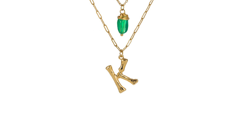 Fashion I Gold Letter Green Natural Stone Multi-layer Necklace,Multi Strand Necklaces