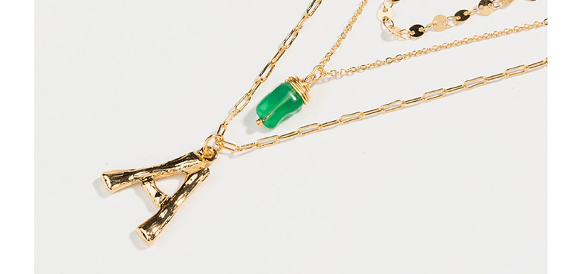 Fashion D Gold Letter Green Natural Stone Multi-layer Necklace,Multi Strand Necklaces