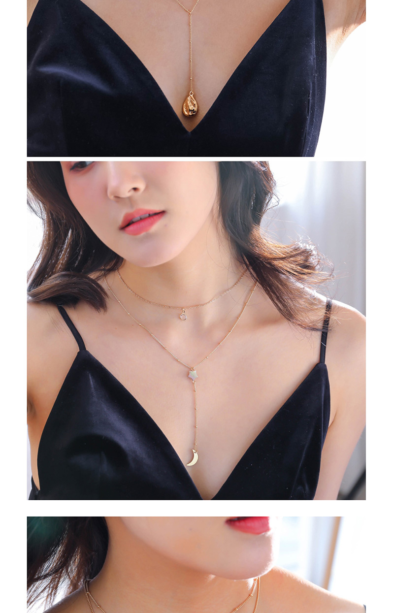 Fashion Gold Agate Moon Pentagram Natural Stone Head Multilayer Necklace,Multi Strand Necklaces