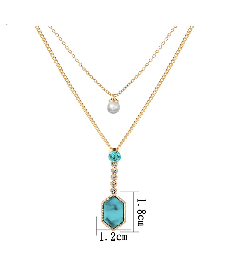 Fashion Gold + Blue Turquoise Diamond Crystal Cluster Pearl Double Layer Necklace,Multi Strand Necklaces