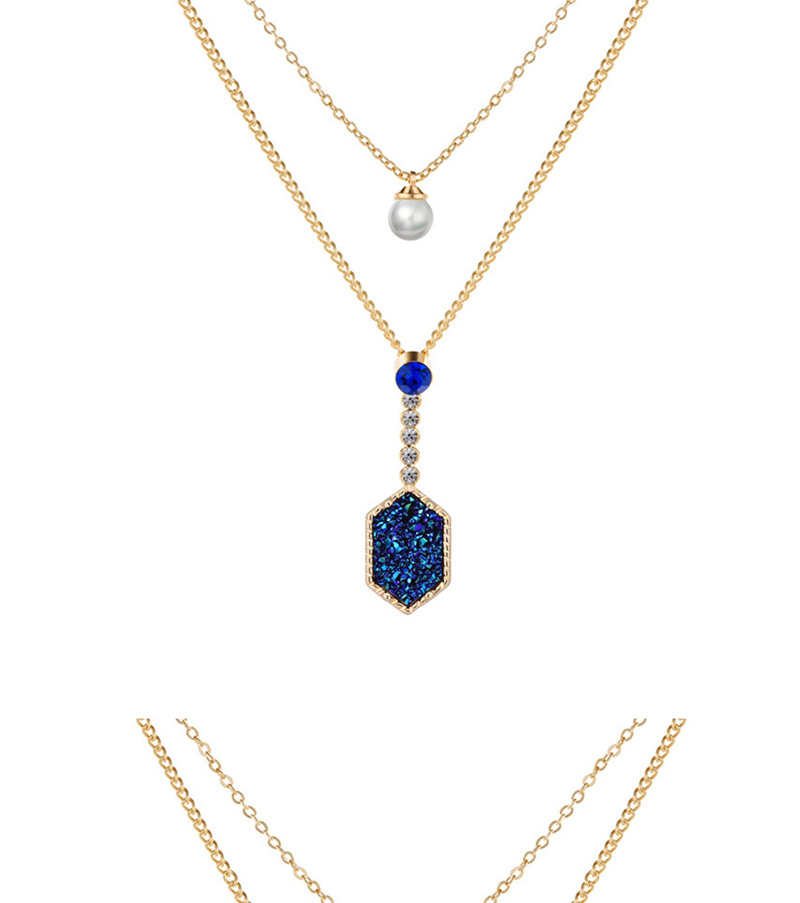 Fashion Gold + Blue Turquoise Diamond Crystal Cluster Pearl Double Layer Necklace,Multi Strand Necklaces