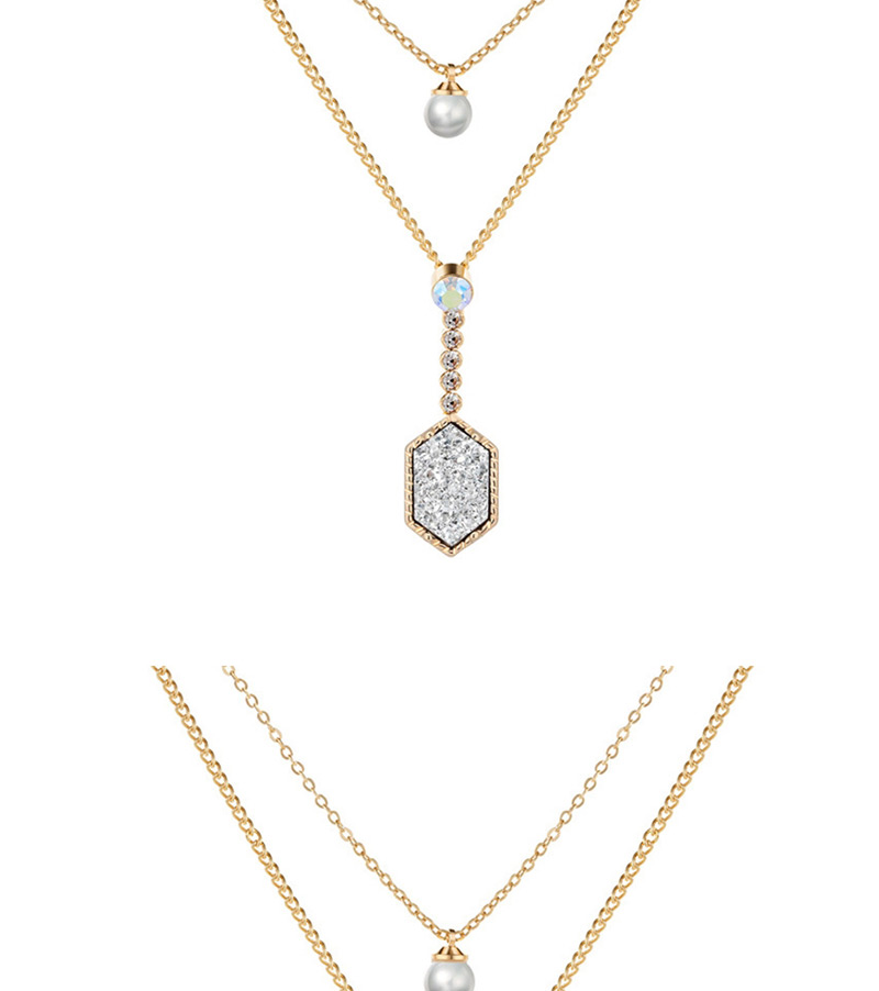Fashion Gold + Gray Cluster Diamond Crystal Cluster Pearl Double Layer Necklace,Multi Strand Necklaces