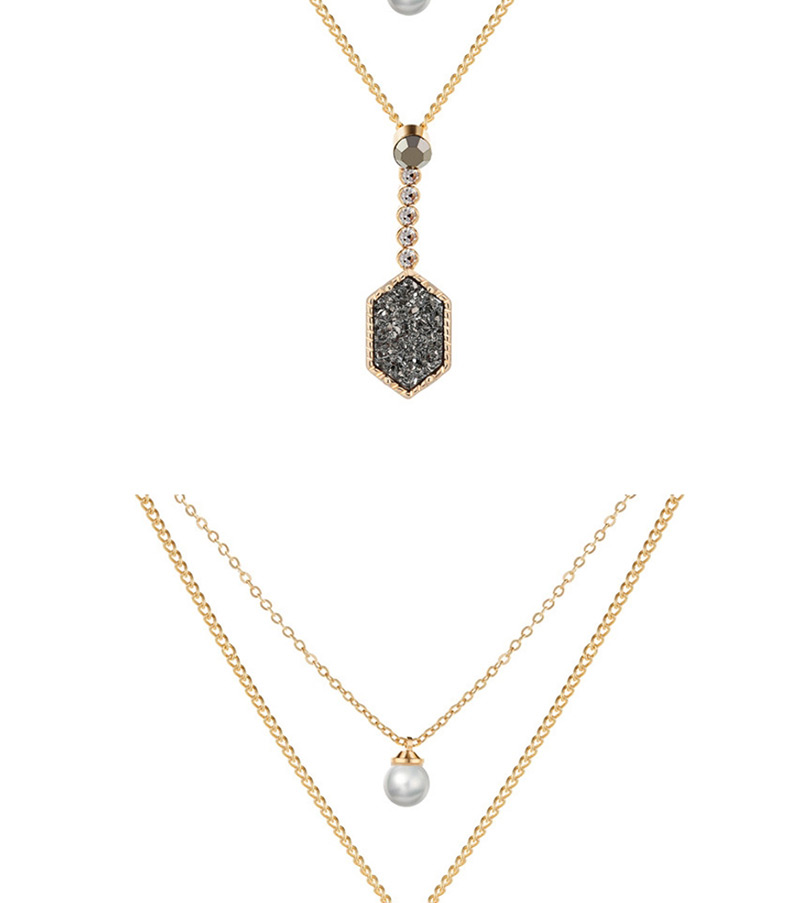 Fashion Gold + White Turquoise Diamond Crystal Cluster Pearl Double Layer Necklace,Multi Strand Necklaces
