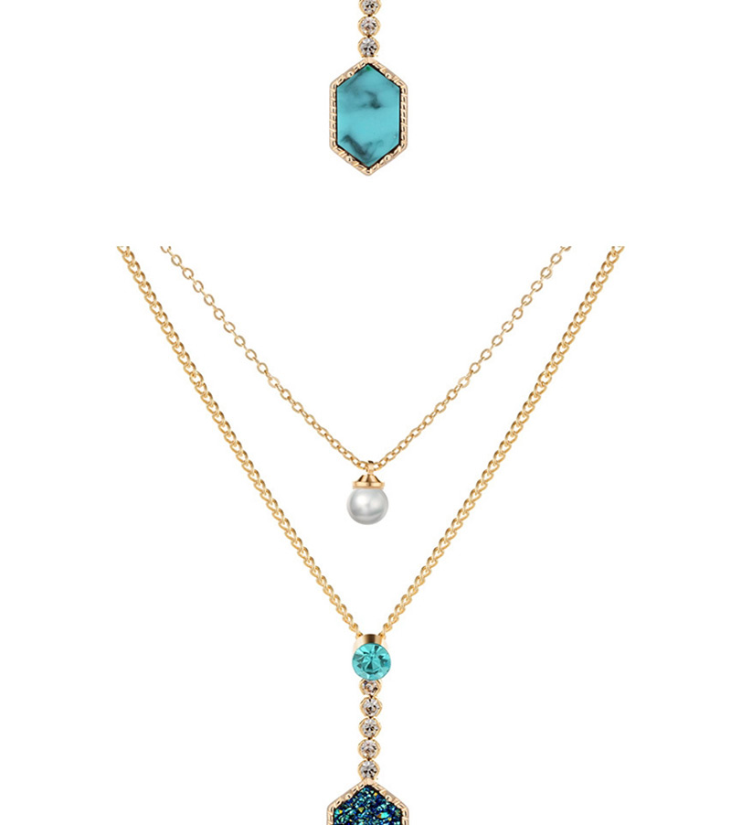 Fashion Gold + White Turquoise Diamond Crystal Cluster Pearl Double Layer Necklace,Multi Strand Necklaces