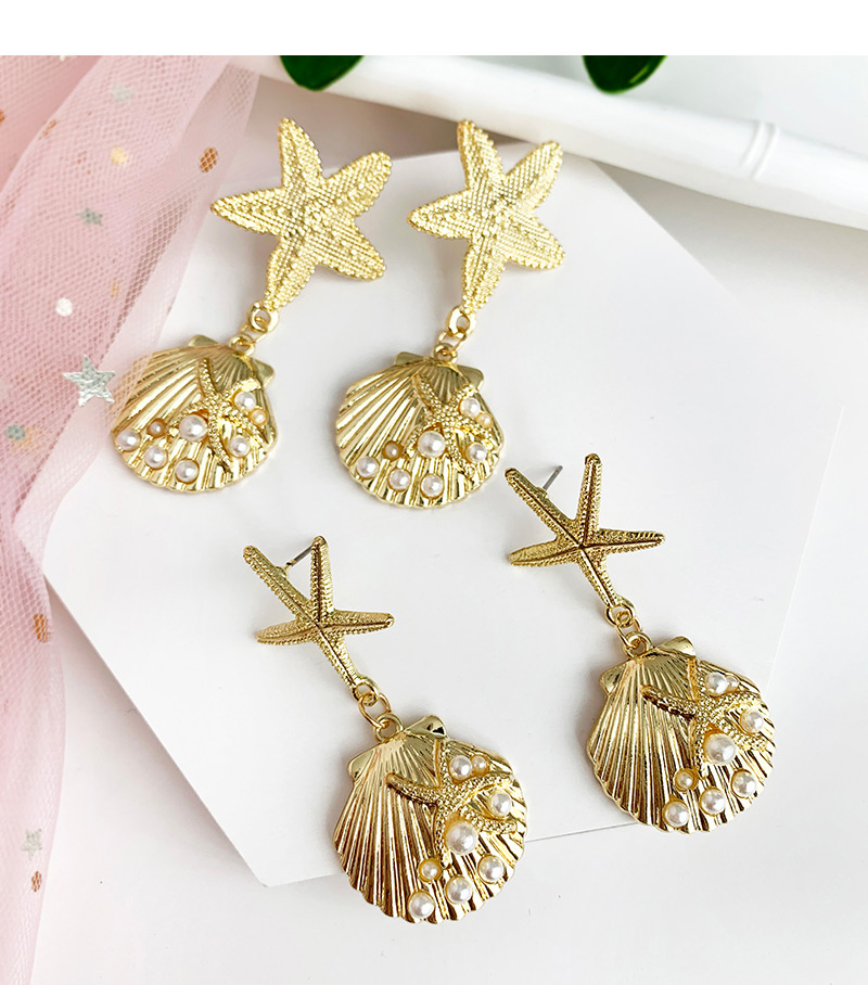 Fashion Gold Alloy Pearl Shell Starfish Earrings,Drop Earrings