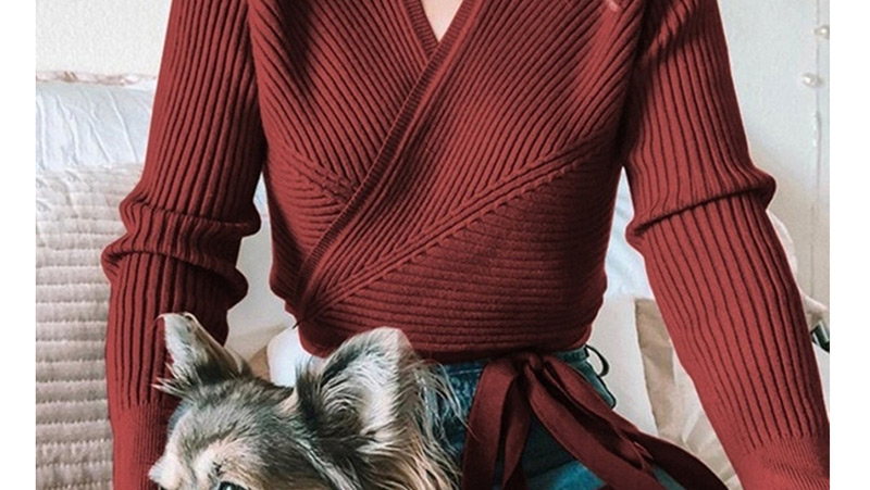 Fashion Red Wine Deep V-neck Bow Cardigan Sweater,Sweater