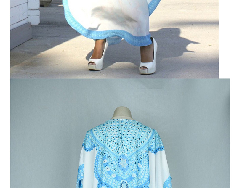 Fashion White Mixed Blue Cotton Printed Blouse,Sunscreen Shirts