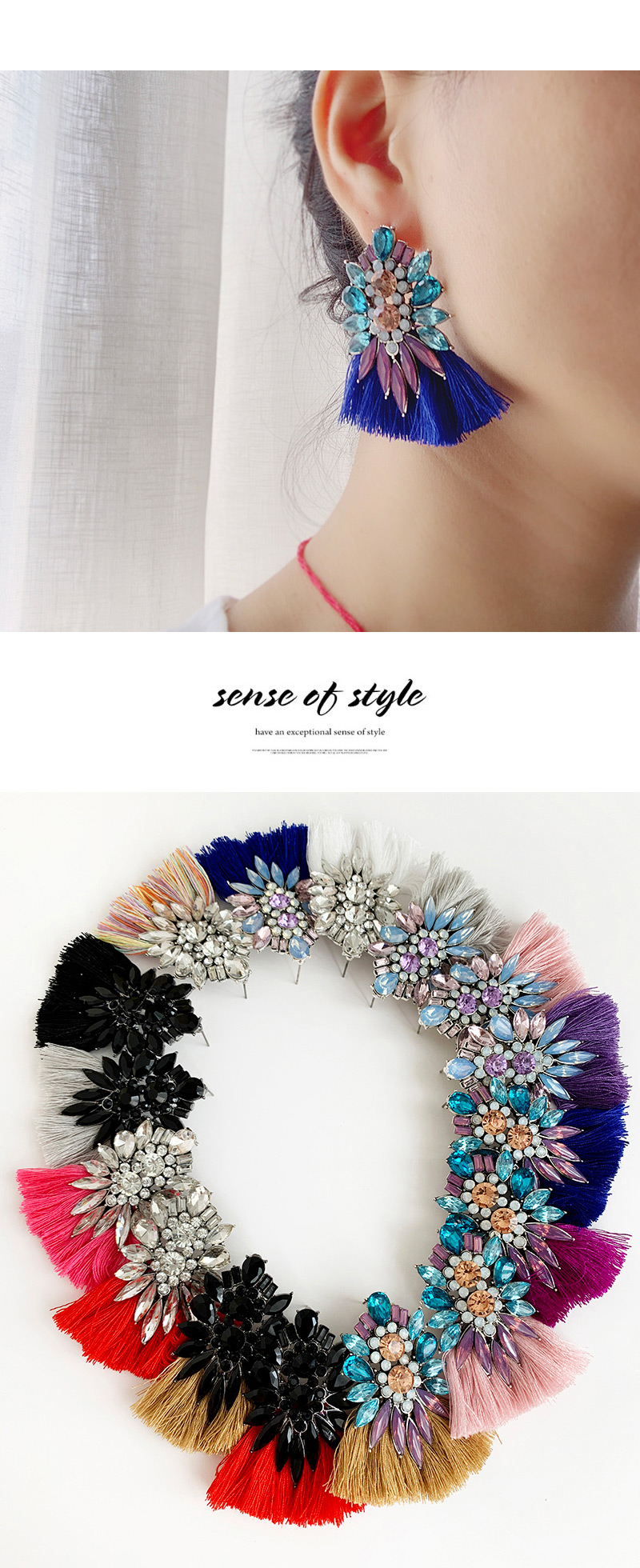 Fashion Royal Blue + Pink Alloy Diamond Drop Tassel Earrings,Drop Earrings