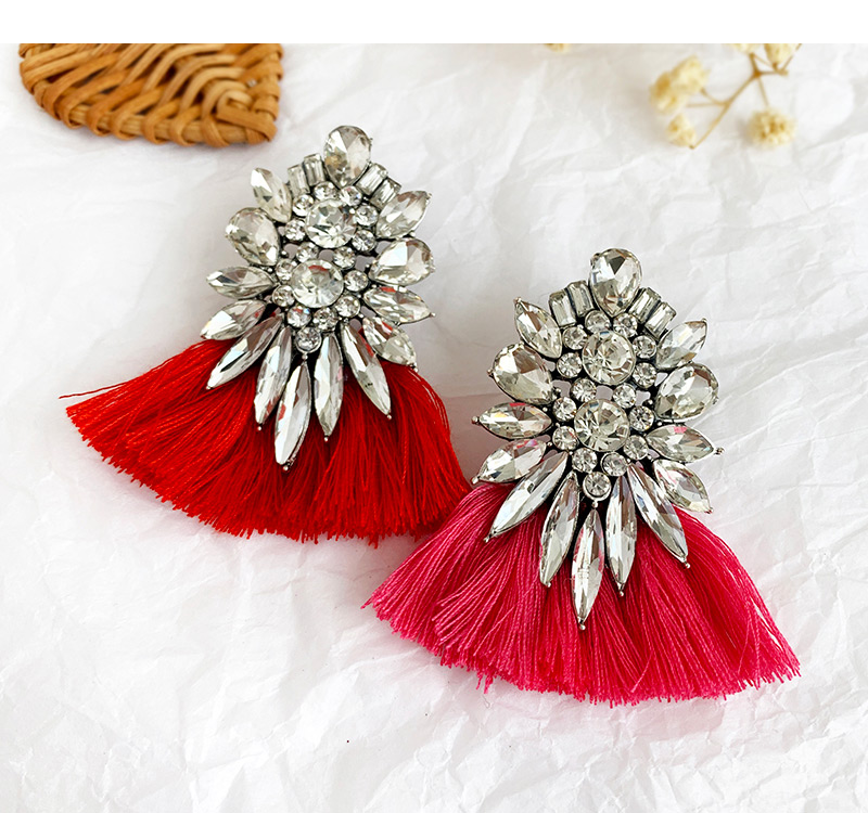 Fashion Leather Pink + Pink Alloy Diamond Drop Tassel Earrings,Drop Earrings