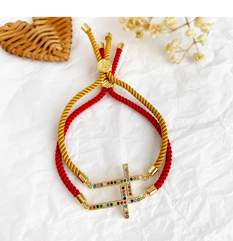 Fashion Red Copper Inlaid Zircon Braided Rope Cross Bracelet,Bracelets