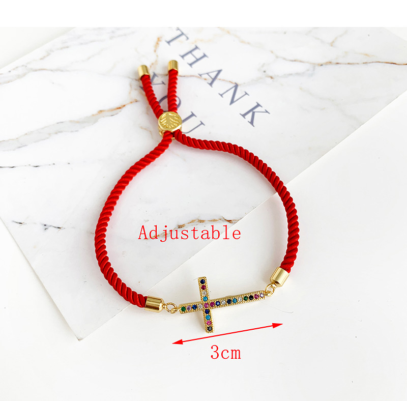 Fashion Red Copper Inlaid Zircon Braided Rope Cross Bracelet,Bracelets