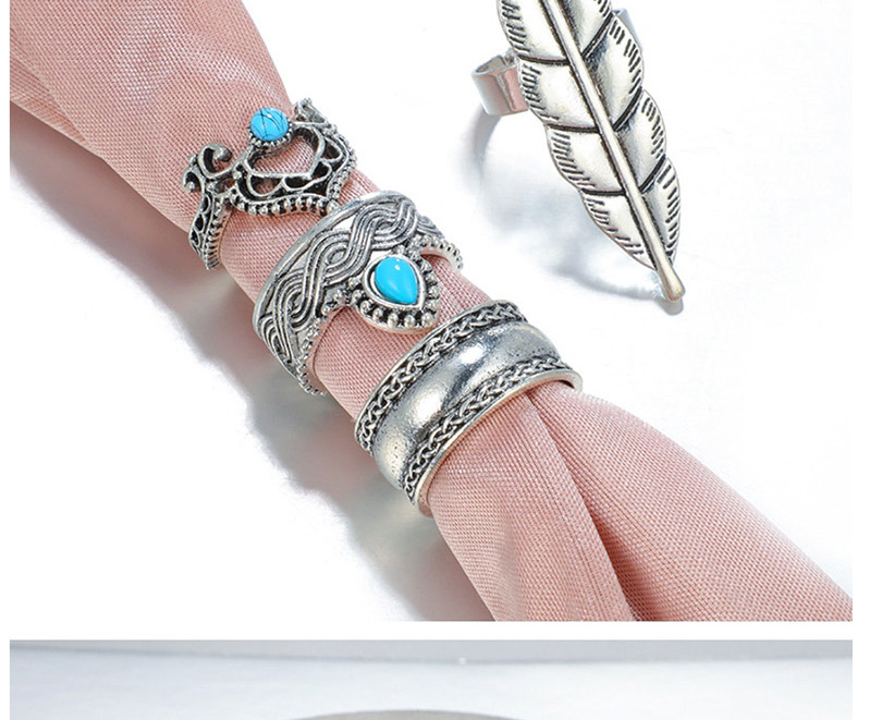 Fashion Silver Geometric Leaf Openwork Crown Turquoise Ring Four-piece Set,Fashion Rings