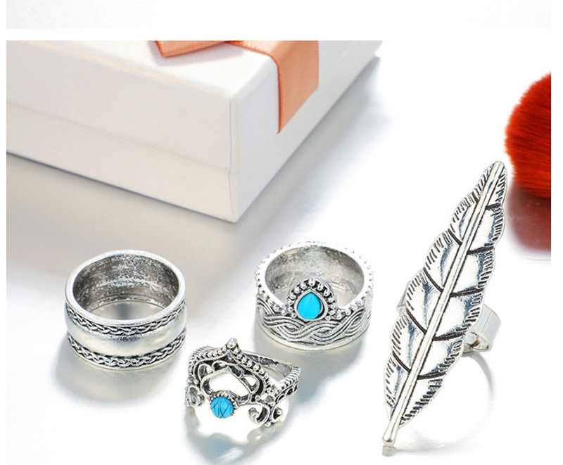 Fashion Silver Geometric Leaf Openwork Crown Turquoise Ring Four-piece Set,Fashion Rings