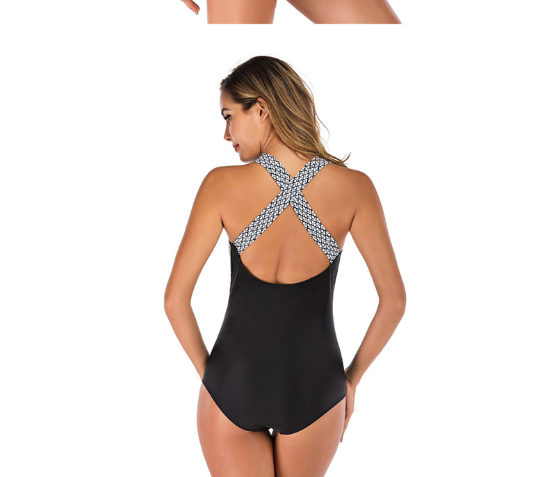 Fashion Black And White Printed Halter One-piece Swimsuit,One Pieces