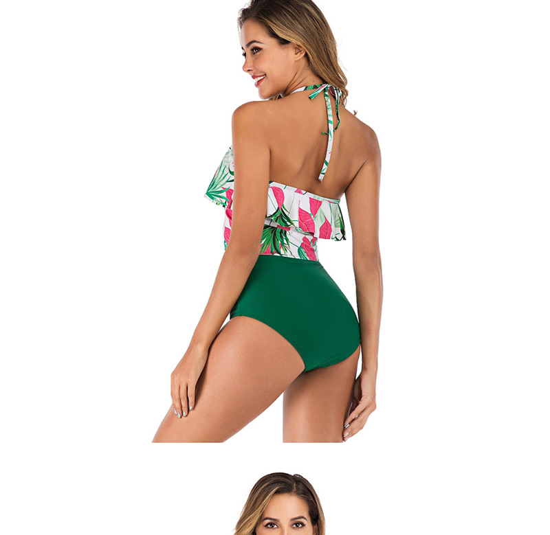 Fashion Green Leaf + Green Pants Ruffled Printed Split Swimsuit,Bikini Sets