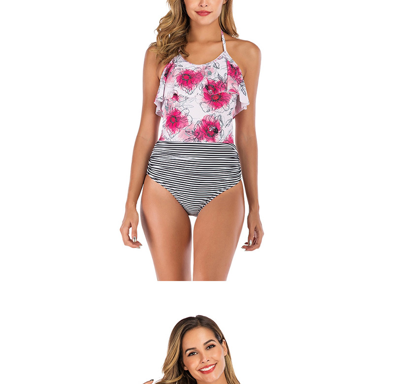 Fashion Safflower + Striped Pants Ruffled Printed Split Swimsuit,Bikini Sets