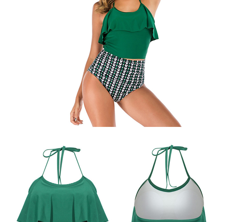 Fashion Green Clothes + Geometric Pants Ruffled Printed Split Swimsuit,Bikini Sets