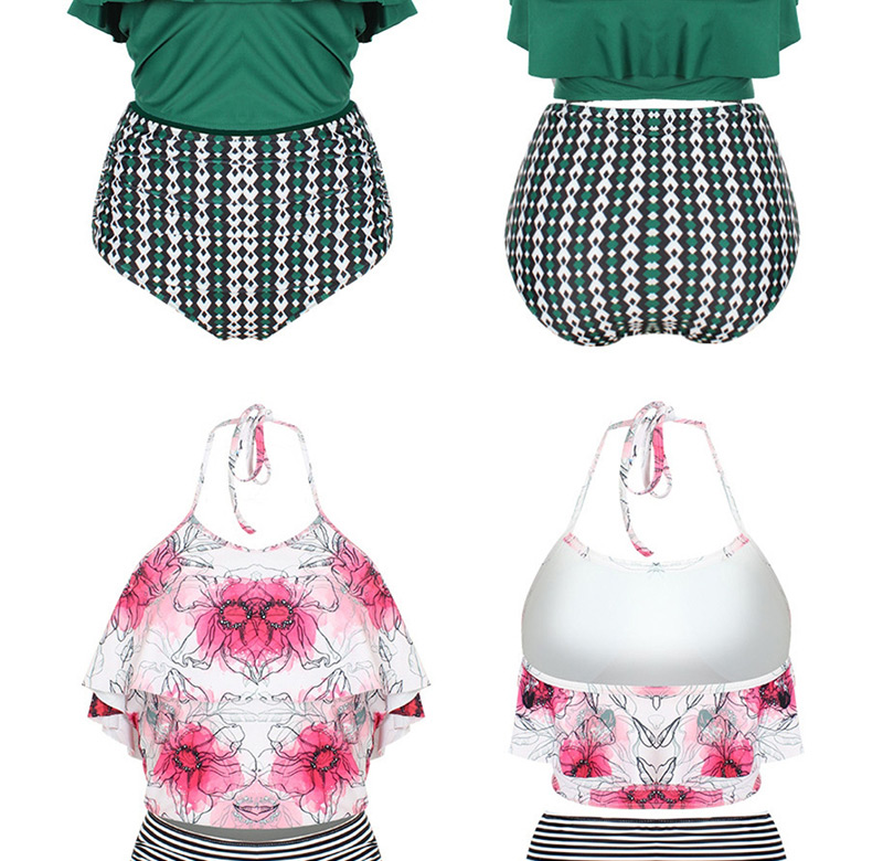 Fashion Safflower + Striped Pants Ruffled Printed Split Swimsuit,Bikini Sets