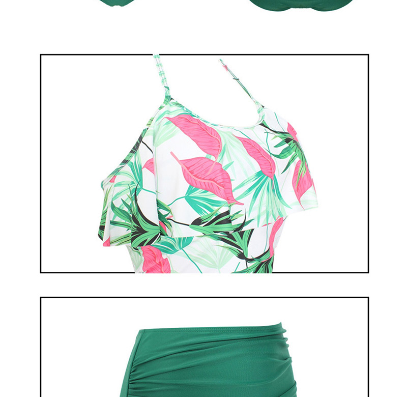 Fashion Green Leaf + Green Pants Ruffled Printed Split Swimsuit,Bikini Sets