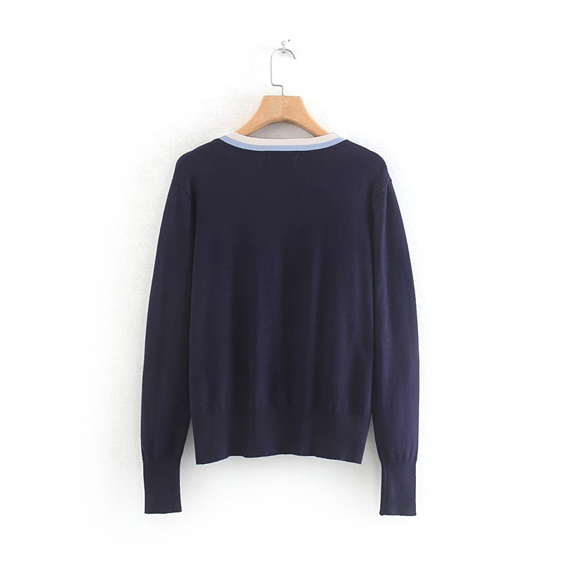 Fashion Navy Contrast Pearl Buckle Cardigan,Sweater
