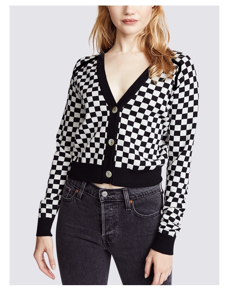 Fashion Black And White Grid Plaid V-neck Knit Cardigan,Sweater