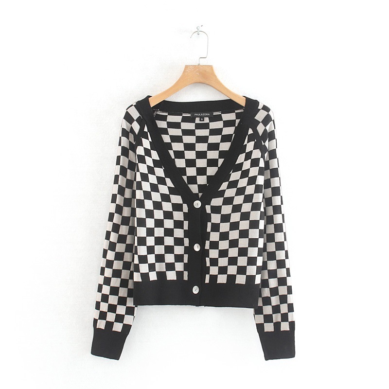 Fashion Black And White Grid Plaid V-neck Knit Cardigan,Sweater
