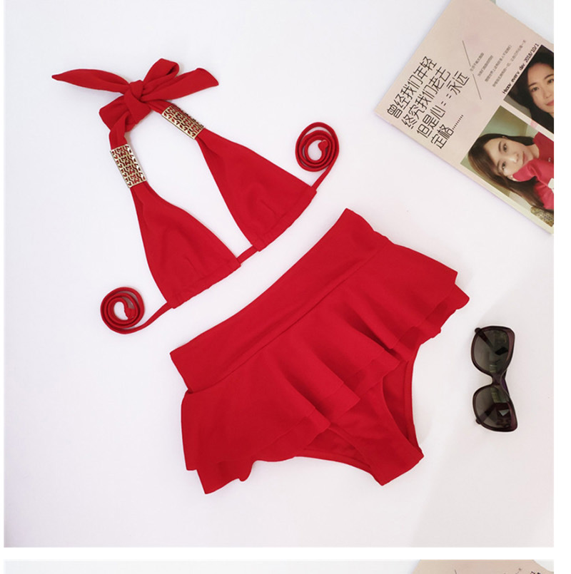 Fashion Red Ruffled Skirt Trousers Split Swimsuit,Bikini Sets