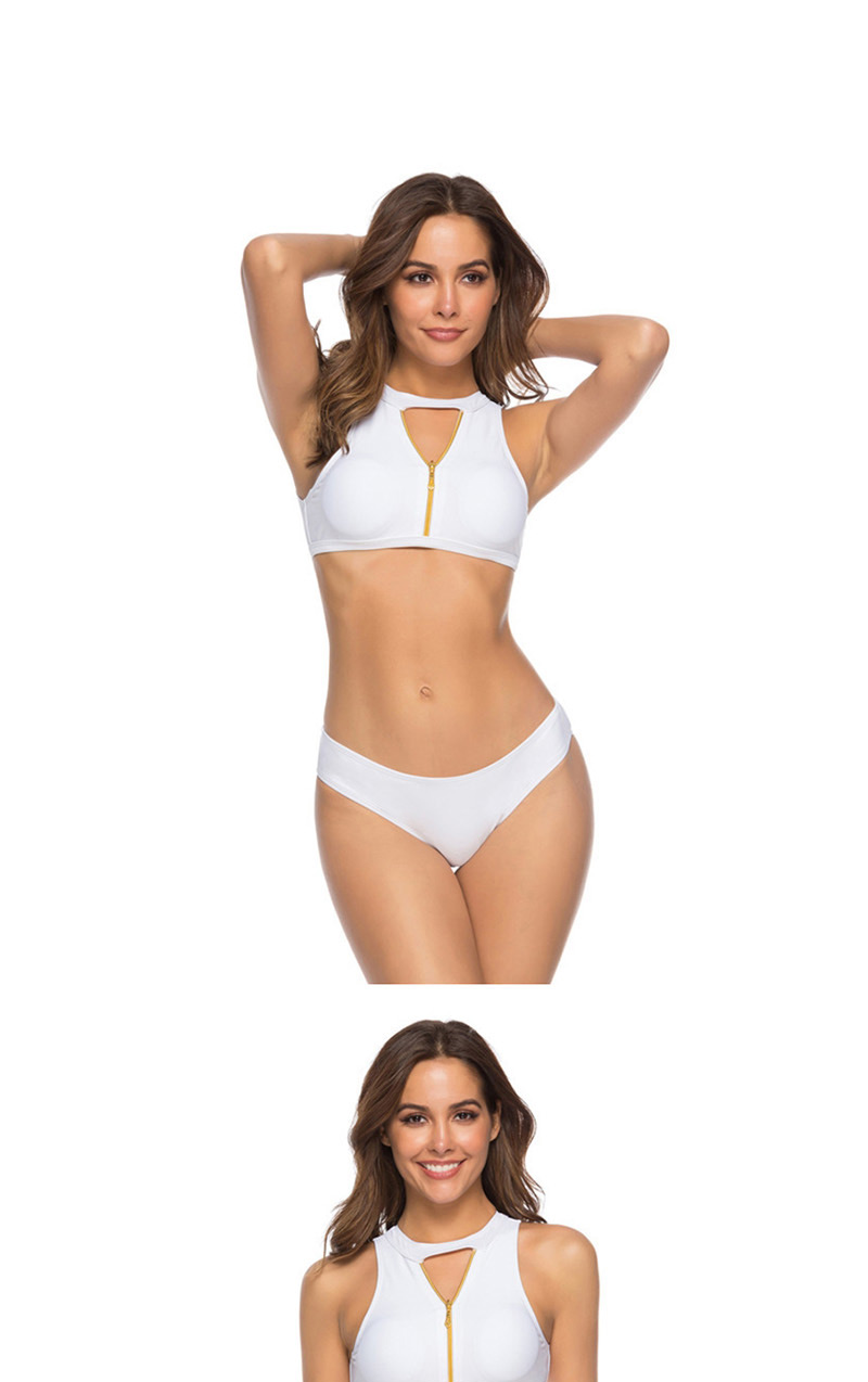 Fashion White Zipper Split Swimsuit,Bikini Sets