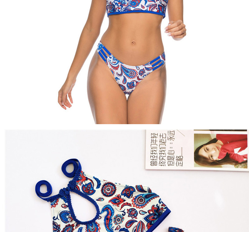 Fashion Blue Flower Print Openwork Buckle Bikini,Bikini Sets
