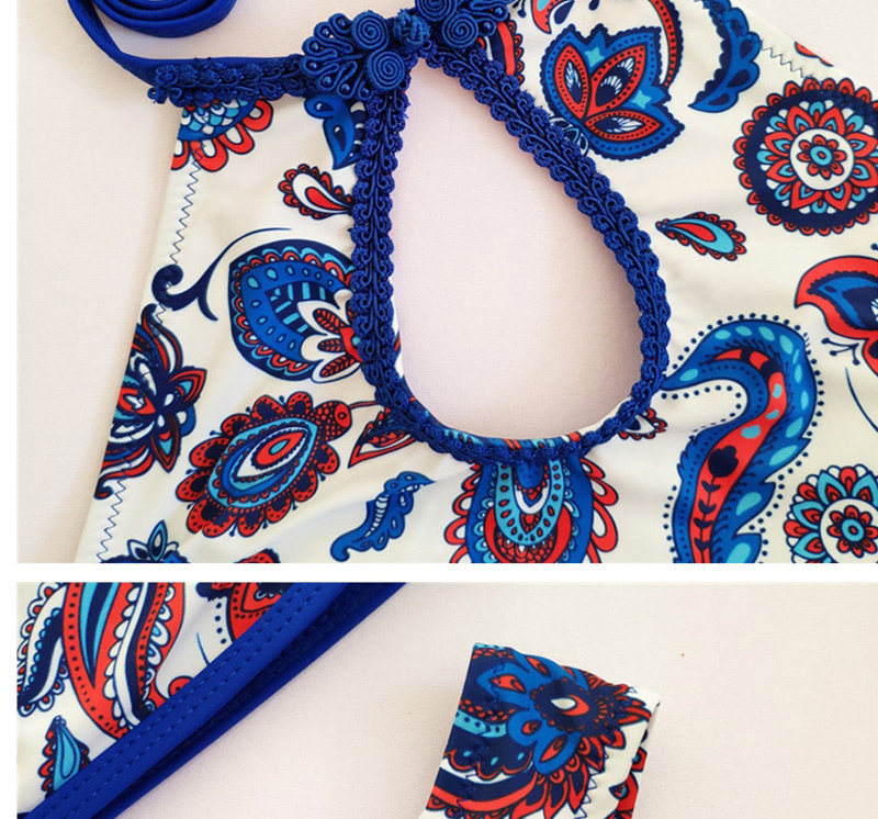 Fashion Blue Flower Print Openwork Buckle Bikini,Bikini Sets