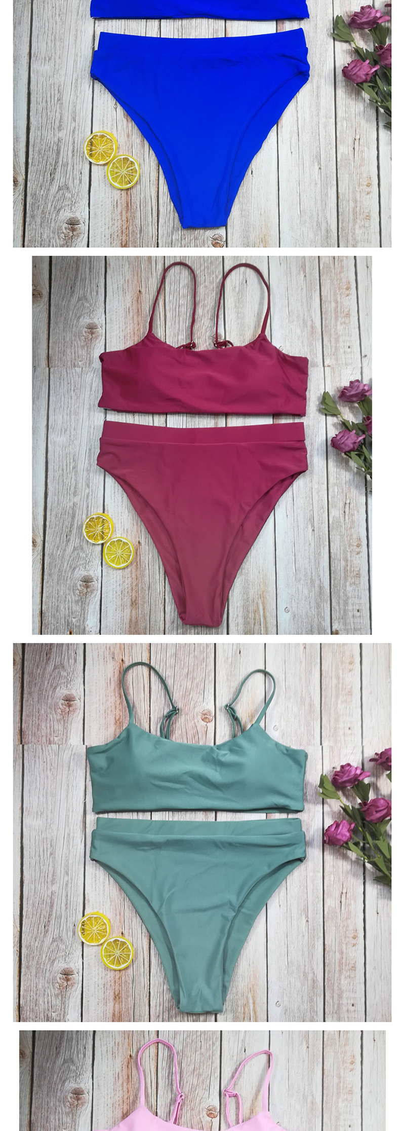 Fashion Pink High Waist Solid Color Double-sided Split Swimsuit,Bikini Sets