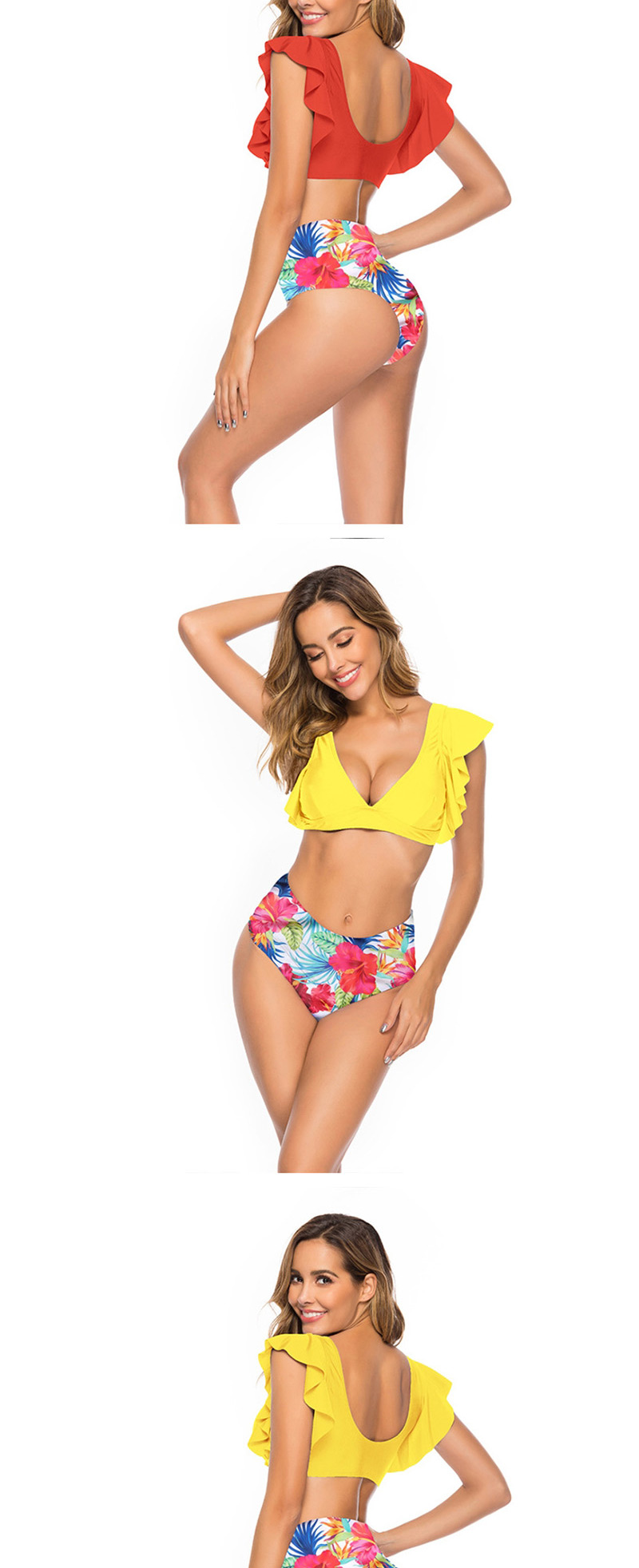 Fashion Yellow Ruffled Print Pants Split Swimsuit,Bikini Sets