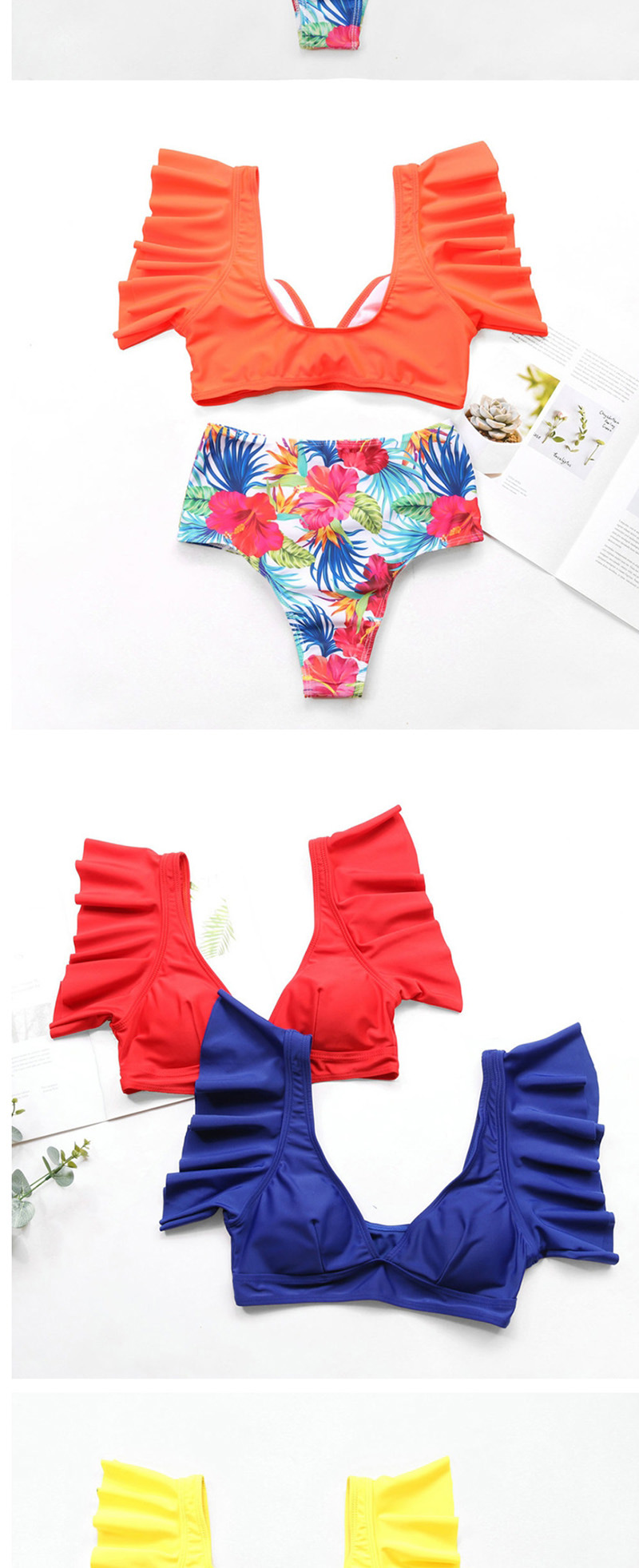 Fashion Navy Blue Ruffled Print Pants Split Swimsuit,Bikini Sets