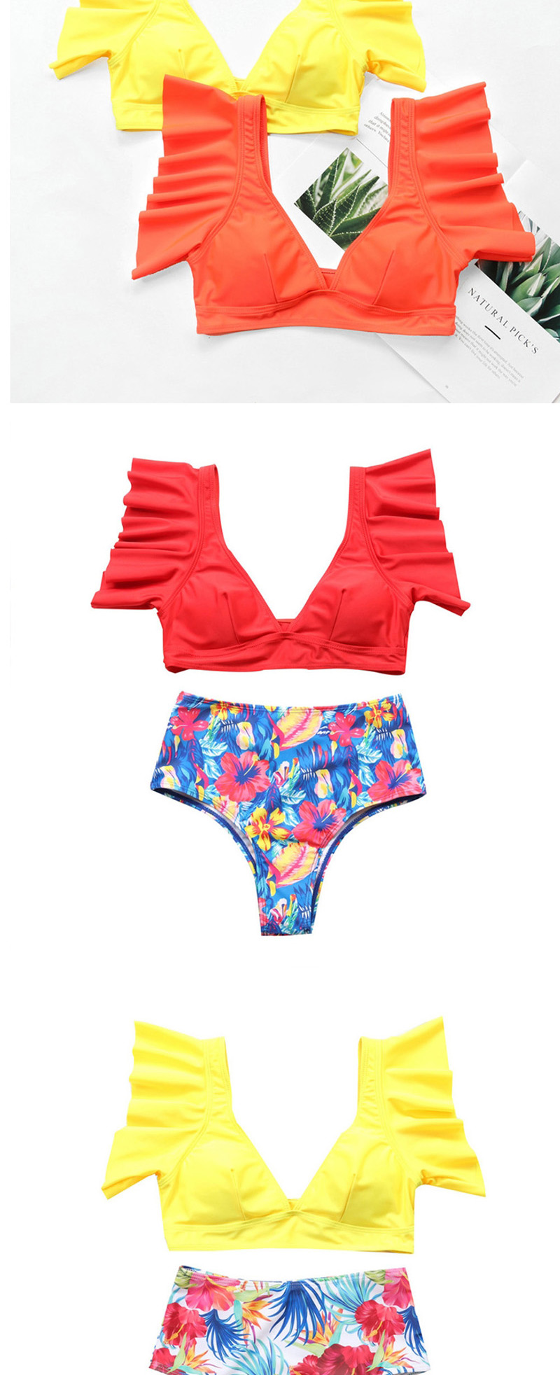 Fashion Red Ruffled Print Pants Split Swimsuit,Bikini Sets
