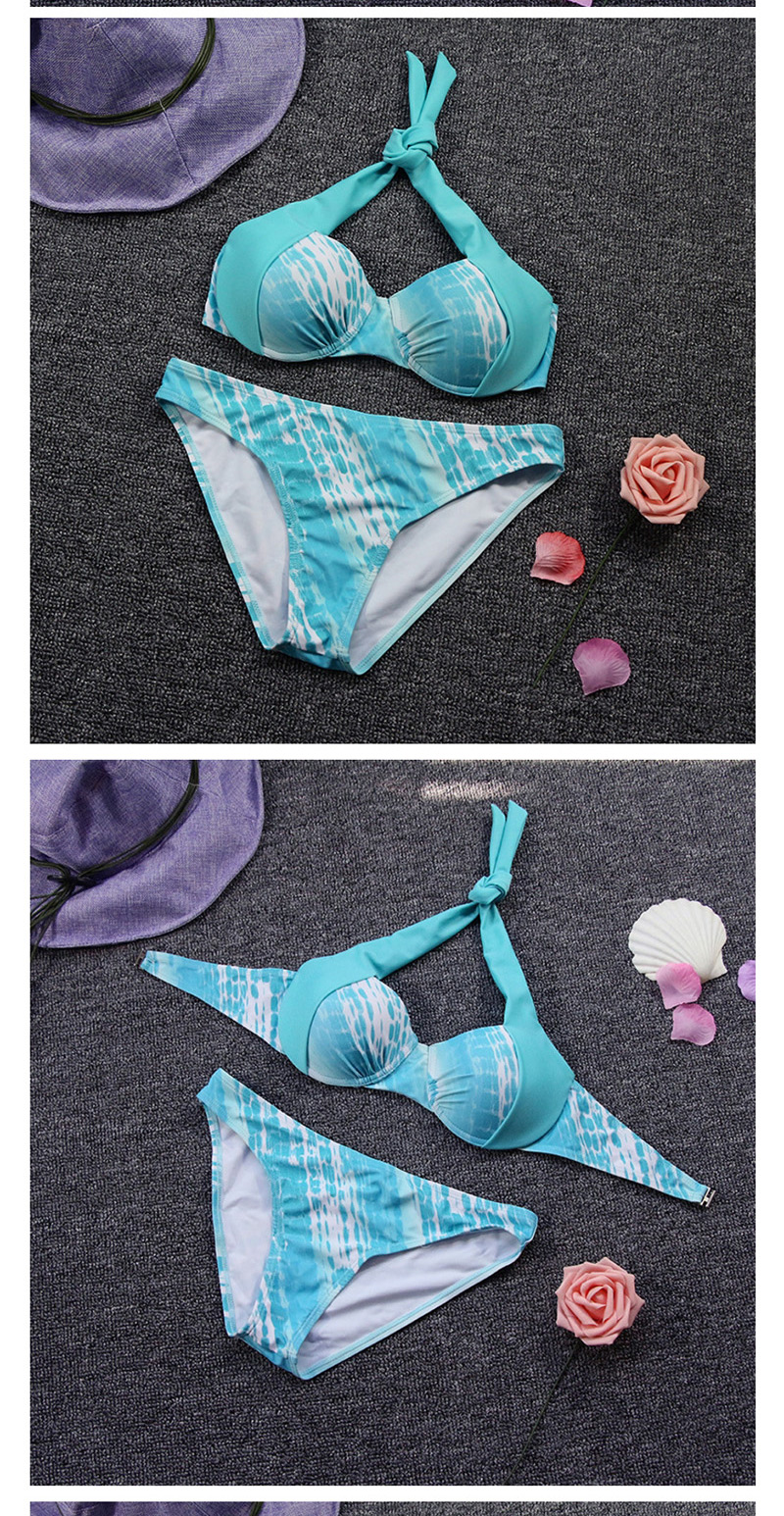 Fashion Blue Ash Printed And Gathered Split Swimsuit,Bikini Sets