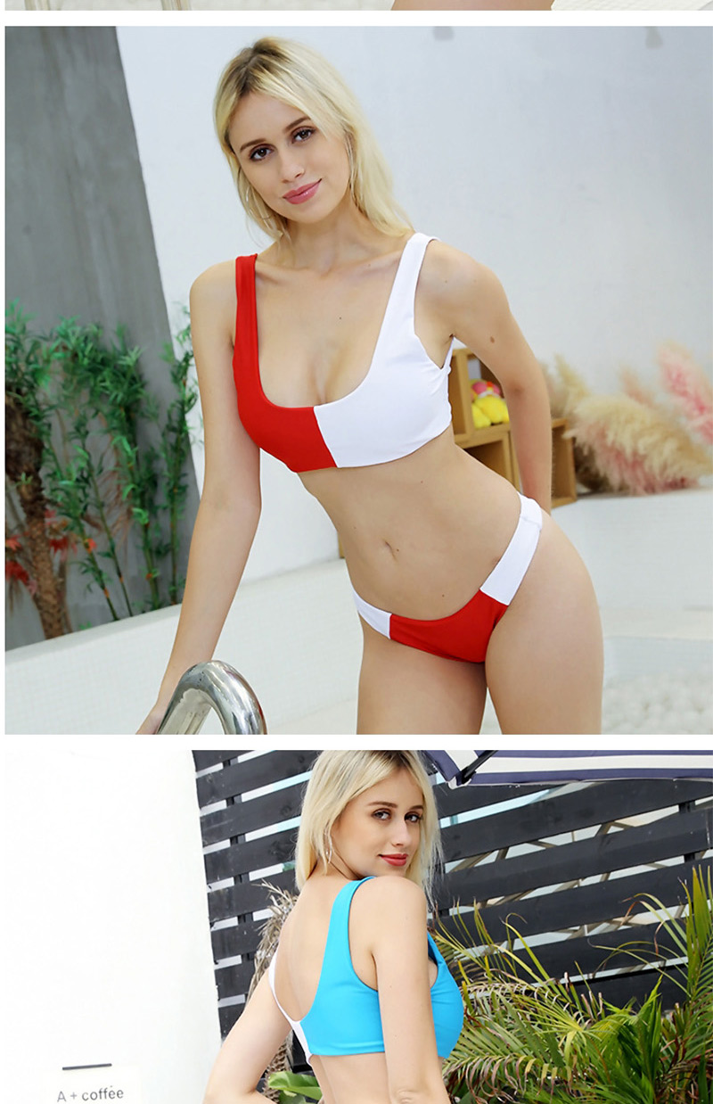 Fashion Red And White Plain Stitching Split Swimsuit,Bikini Sets