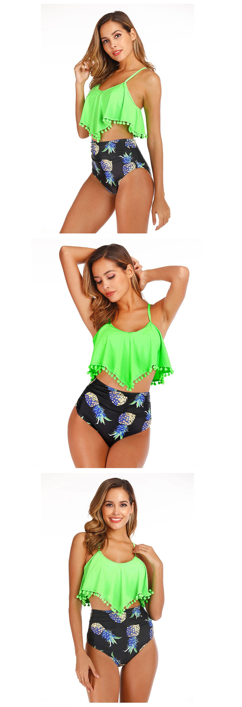 Fashion Fluorescent Green Hair Ball Print Ruffled Split Swimsuit,Swimwear Sets