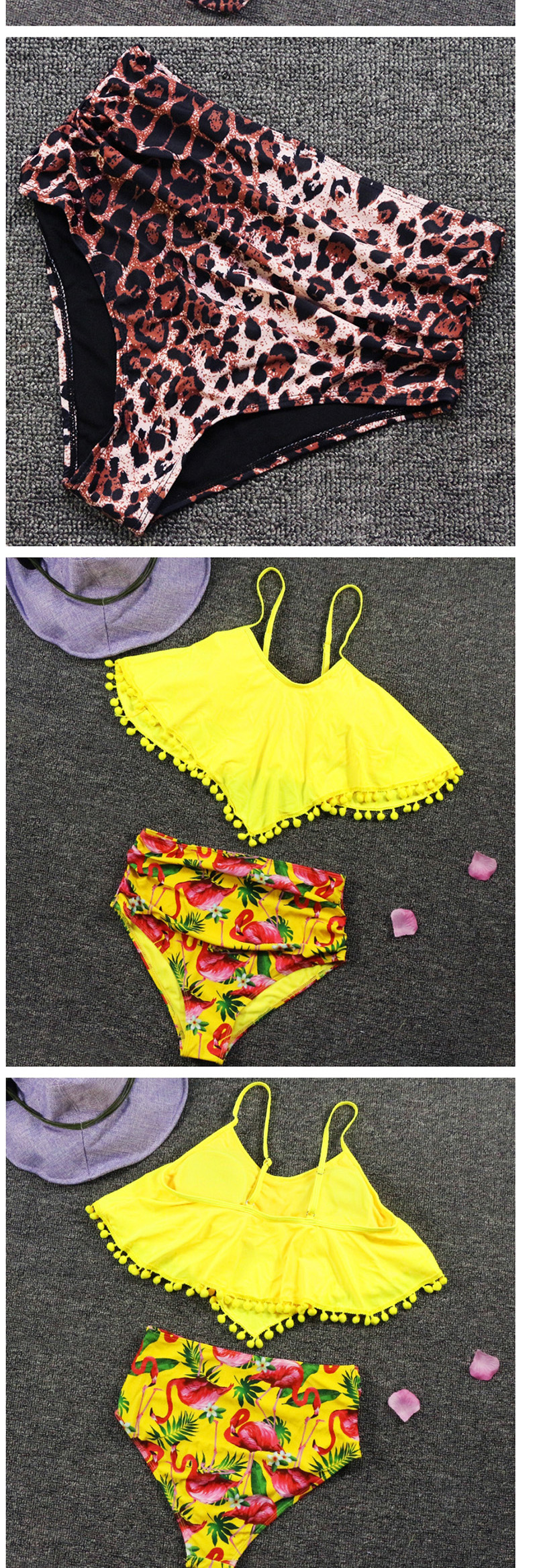 Fashion Yellow Hair Ball Print Ruffled Split Swimsuit,Swimwear Sets