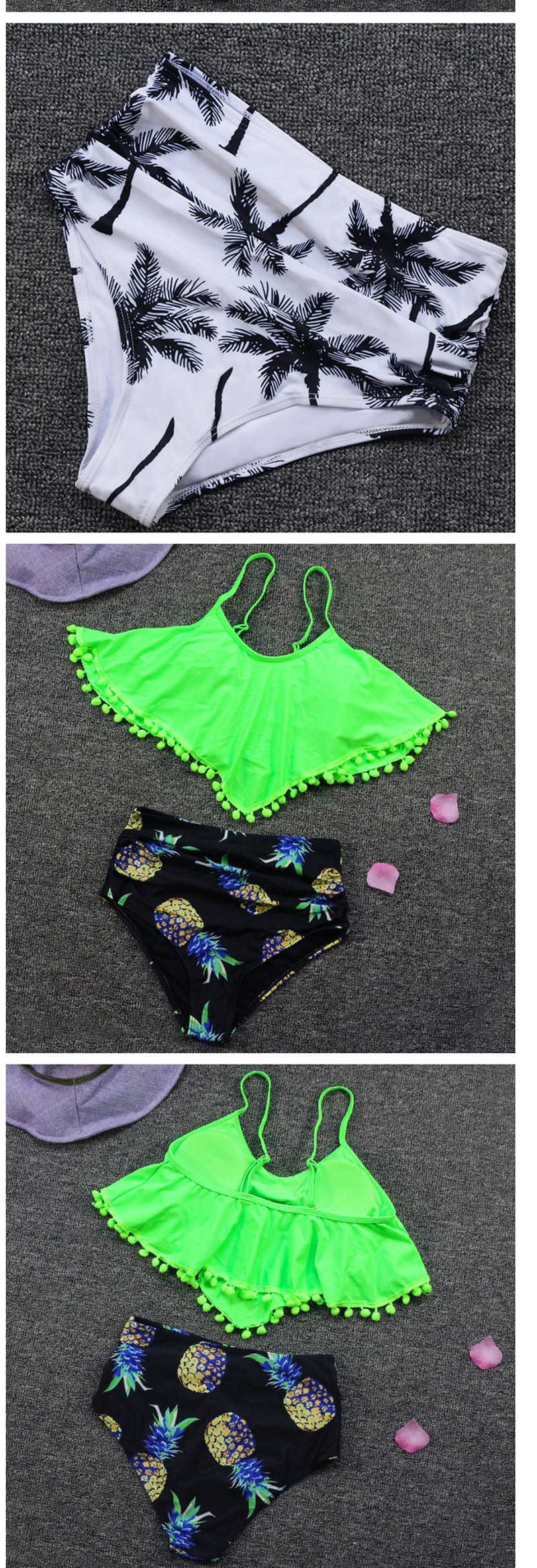 Fashion Fluorescent Green Hair Ball Print Ruffled Split Swimsuit,Swimwear Sets