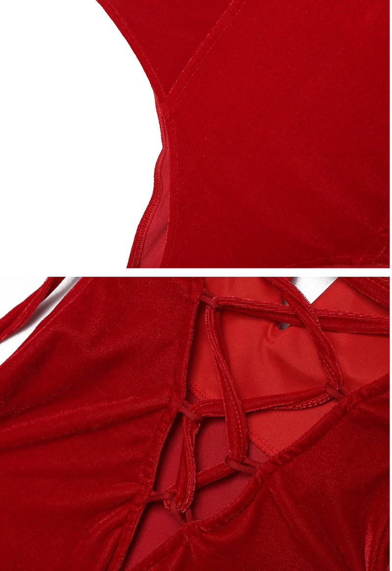 Fashion Red Gathered Straps Wrapped Chest Bodysuit,SLEEPWEAR & UNDERWEAR